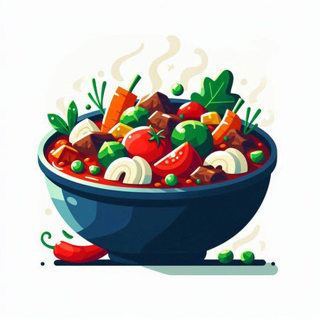 Vegetable stew in a bowl on a white background. Vector illustration.のイラスト素材