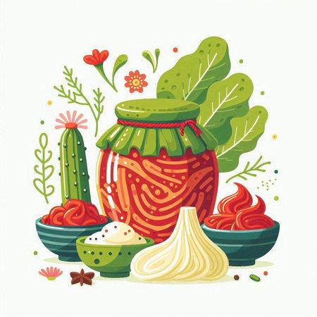 Vector illustration of a jar of pickled cucumbers and spices.のイラスト素材