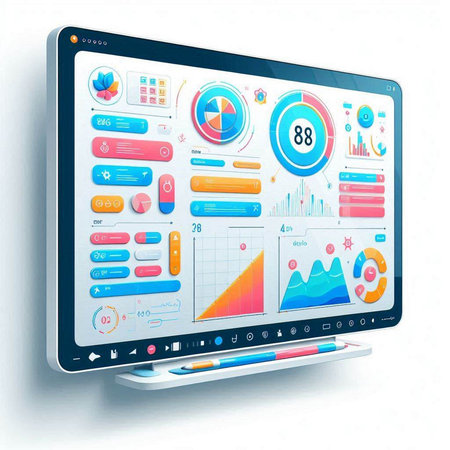 Realistic vector illustration of modern computer screen with infographics elements.のイラスト素材