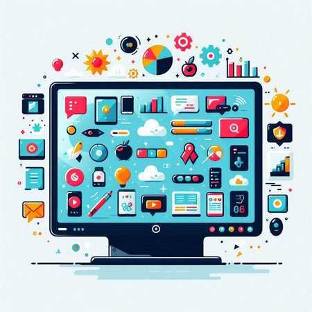 Computer screen with social media icons on white background. Vector illustration.のイラスト素材