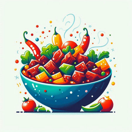 Vegetable salad in a bowl with pepper and tomato. Vector illustration.のイラスト素材