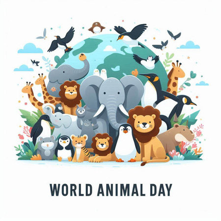 World Animal Day. Cute cartoon animals on the background of the planet. Vector illustration.のイラスト素材
