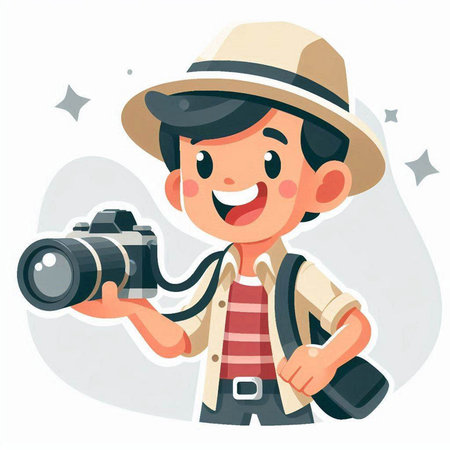 Vector illustration of a boy with a photo camera. Cartoon style.のイラスト素材