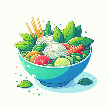 Illustration of a bowl of noodle with vegetables and chopsticksのイラスト素材
