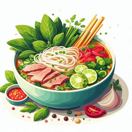 Illustration of a bowl of asian noodle soup with beef and vegetablesのイラスト素材
