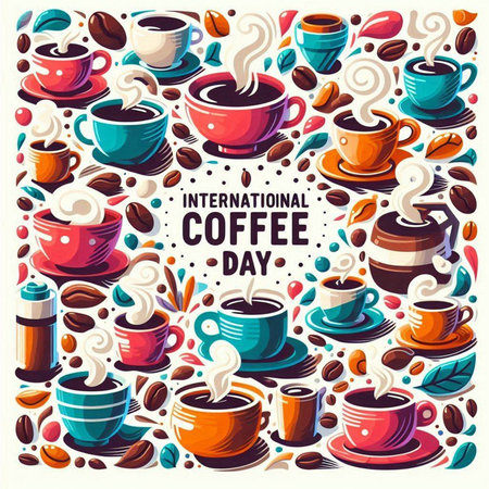 International Coffee Day poster with colorful coffee cups and coffee beans, vector illustrationのイラスト素材