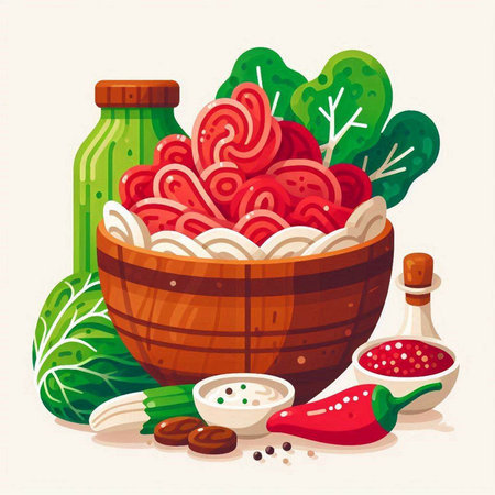 Vector illustration of a bowl of salad with tomatoes, herbs and spicesのイラスト素材