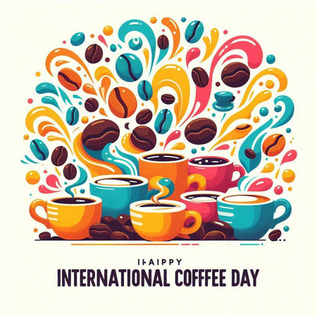 International Coffee Day greeting card with cups of coffee. Vector illustration.のイラスト素材
