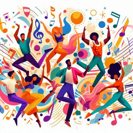 Vector illustration of happy young people dancing on the colorful music background.のイラスト素材