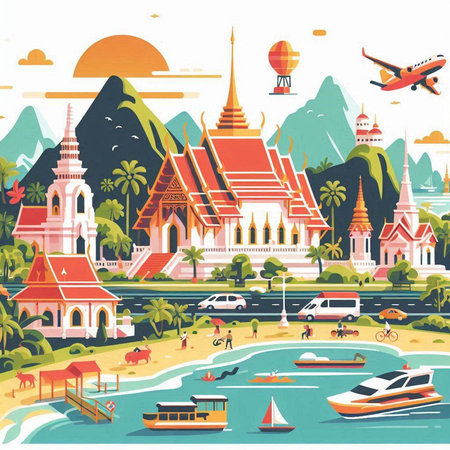 Thailand travel vector illustration. Landmarks of Thailand. Travel to Asia.のイラスト素材