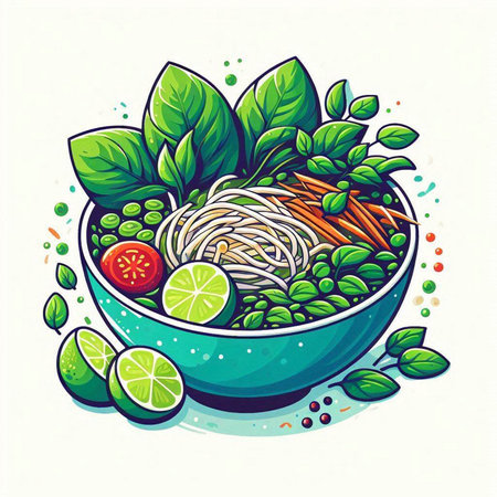 Noodles in bowl with green leaves and lime. Vector illustration.のイラスト素材