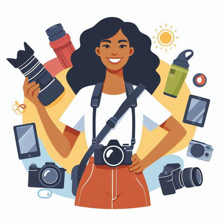 Female photographer with camera and equipment. Vector illustration in cartoon style.のイラスト素材