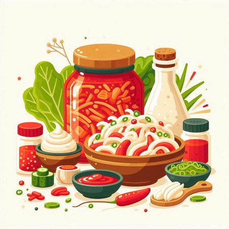 Noodles in a jar with spices and herbs. Vector illustration.のイラスト素材