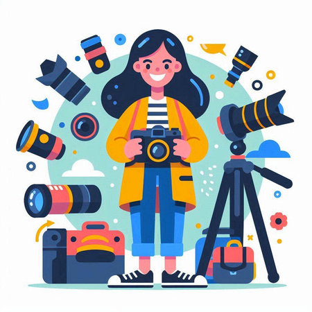 Photographer girl with camera equipment. Vector illustration in flat style.のイラスト素材