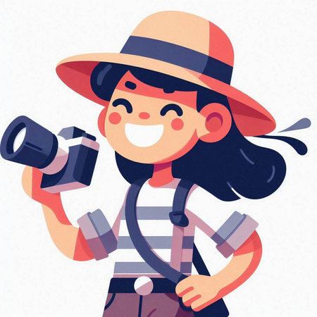 Girl in a hat with a camera. Vector illustration in cartoon style.のイラスト素材