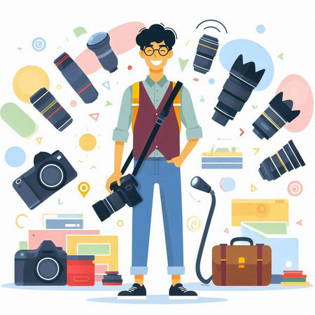 Photographer with camera and equipment. Vector illustration in flat style.のイラスト素材