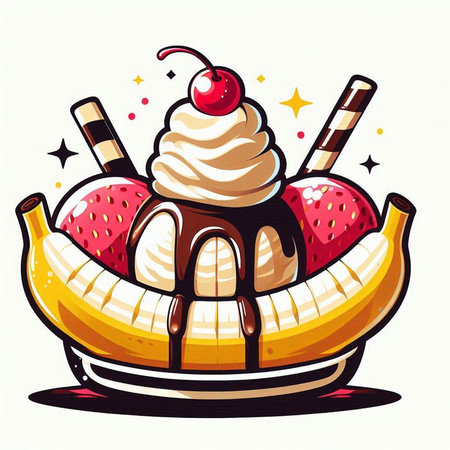 Banana split with ice cream and wafer rolls, vector illustrationのイラスト素材