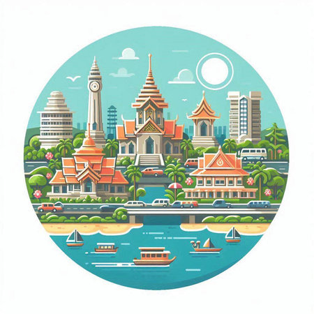 Bangkok city skyline in round frame. Thailand travel vector illustration.のイラスト素材