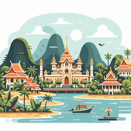 Landscape of Thailand. Vector illustration in flat style. Travel concept.のイラスト素材