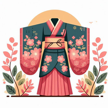 Japanese kimono with floral ornament. Vector illustration in flat style.のイラスト素材