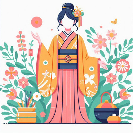 Vector illustration of a Japanese woman wearing a traditional kimono.のイラスト素材