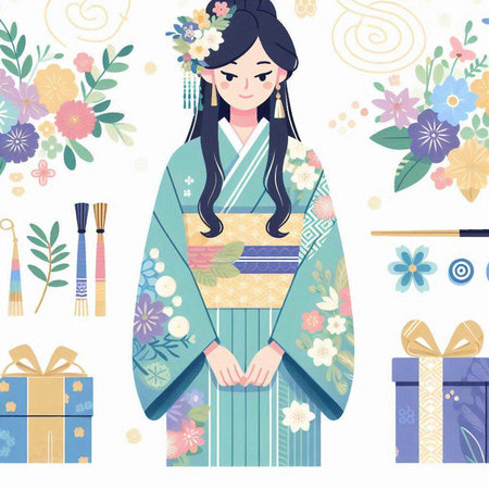 Cute Japanese girl in kimono with gifts. Vector illustration.のイラスト素材