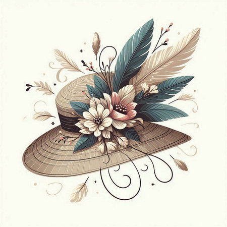 Vintage summer hat with feathers and flowers. Vector Illustration.のイラスト素材