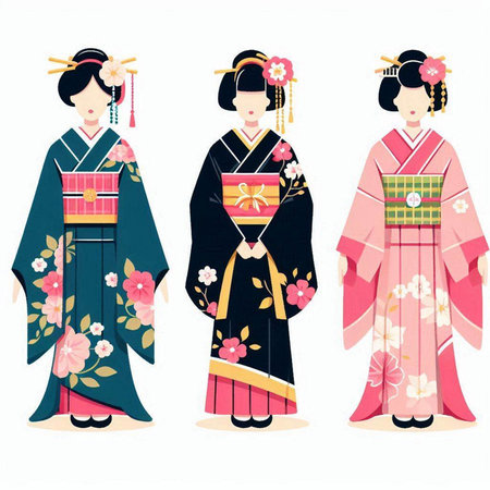 Japanese girls in kimono. Vector illustration. Isolated on white background.のイラスト素材