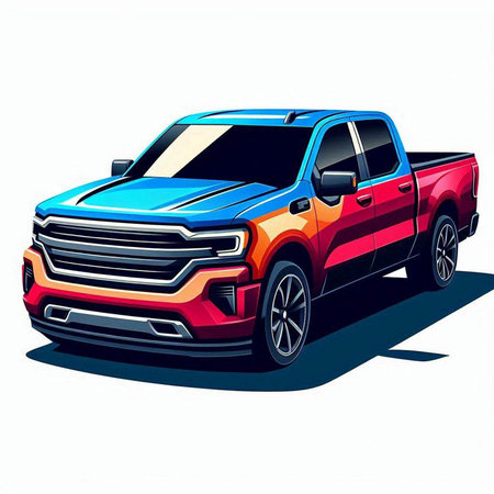 Illustration of a blue and red pickup truck. Vector illustration.のイラスト素材