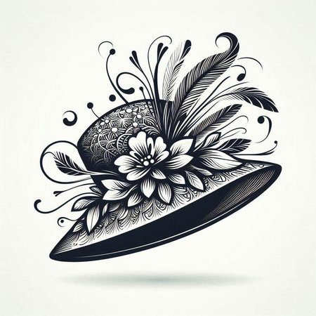 Vintage stylized hat with feathers and flowers. Vector illustration.のイラスト素材