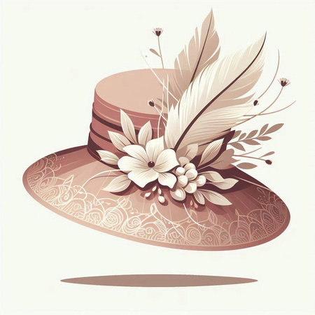 Women's hat with feathers and flowers on a white background. Vector illustration.のイラスト素材