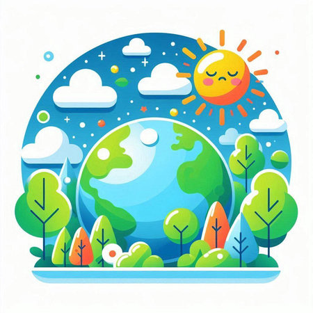 Ecology and environment concept. Vector flat cartoon illustration of green planet with sun, clouds, trees and blue sky.のイラスト素材
