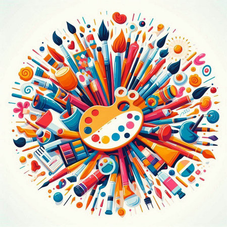 Vector illustration of Art and Craft tools and objects in circle shape.のイラスト素材