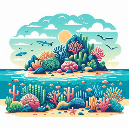 Coral reef on the seashore. Cartoon vector illustration.のイラスト素材