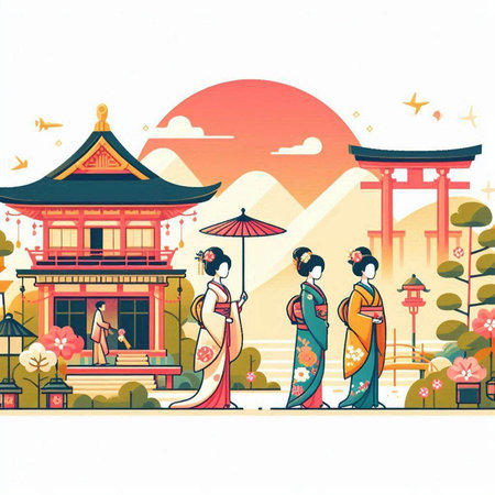 Vector illustration of japanese people on the background of the templeのイラスト素材
