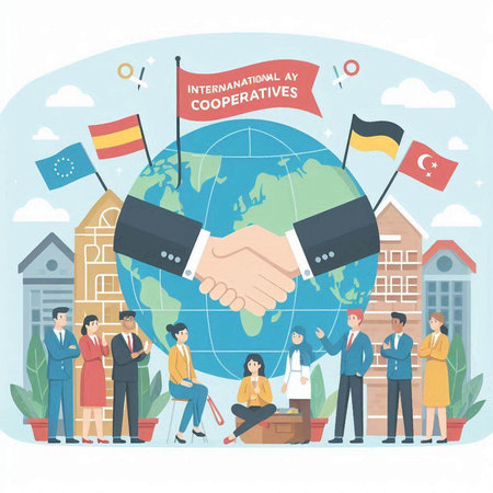 International cooperation day concept. Handshake of international business people. Vector illustration.のイラスト素材