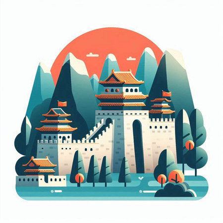 Landscape of the ancient city of China. Vector illustration in flat styleのイラスト素材