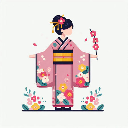 Japanese woman wearing a traditional kimono with flowers. Vector illustration.のイラスト素材
