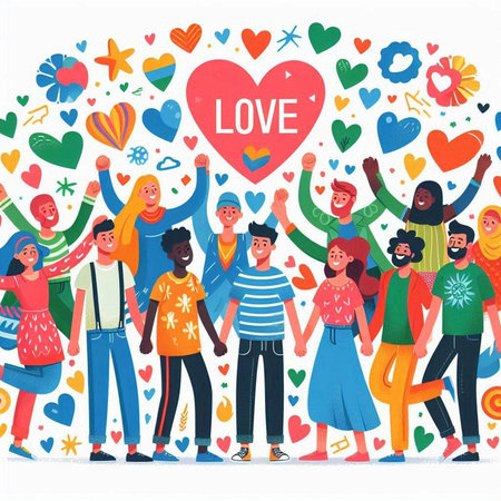 Valentines day greeting card with happy people and hearts. Vector illustrationのイラスト素材