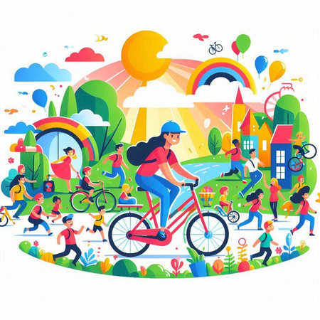 Vector illustration of children riding bicycle in city park. Kids activity.のイラスト素材