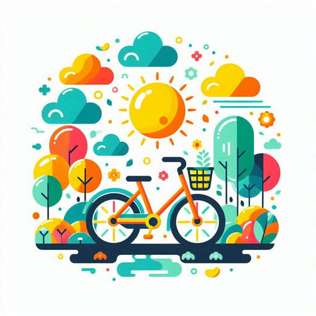 Bicycle in the park with sun and clouds. Vector illustration.のイラスト素材