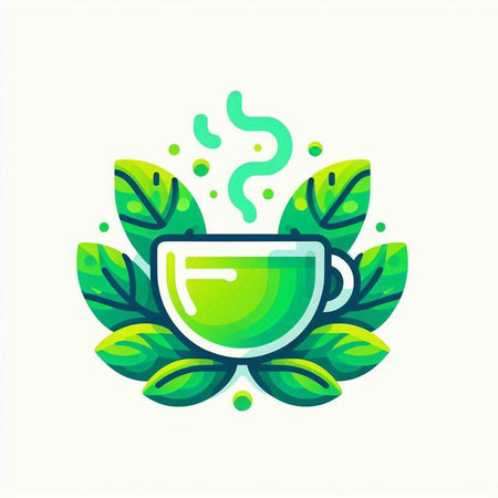 Coffee logo with green leaves and cup. Vector illustration.のイラスト素材