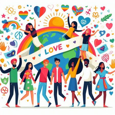 Group of young people holding a banner with the word love. Vector illustrationのイラスト素材