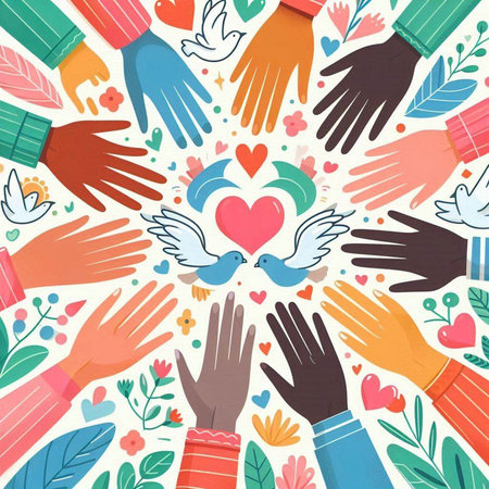 Hands of different colors with hearts and doves. Vector illustration.のイラスト素材