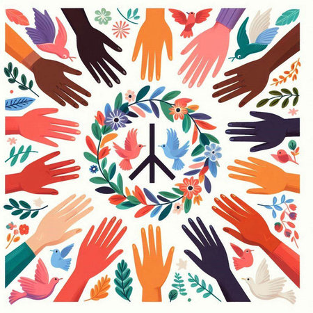 Hands with symbols of peace and love. Vector Illustration.のイラスト素材