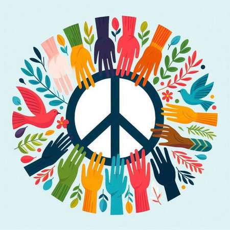 Circle of hands with peace sign. Peace symbol. Vector illustration.のイラスト素材
