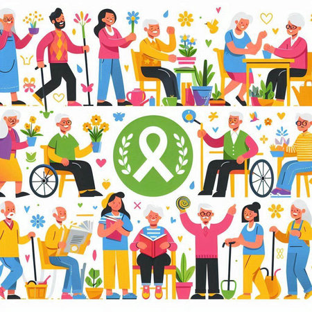 Elderly people with cancer awareness symbols, flat vector illustration.のイラスト素材