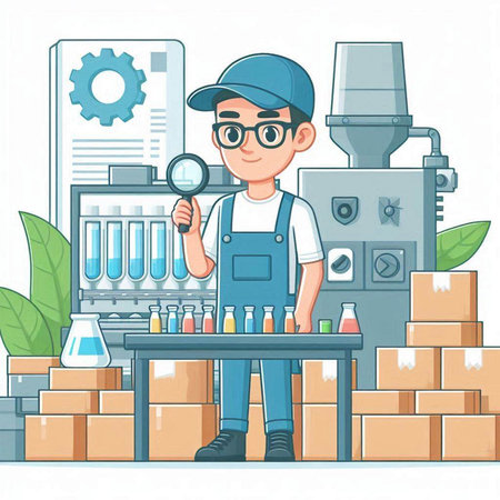 Courier in uniform with magnifier at the factory. Vector illustrationのイラスト素材