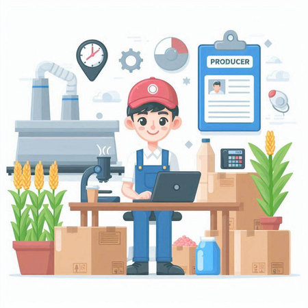Courier working at the factory. Flat design style vector illustration.のイラスト素材