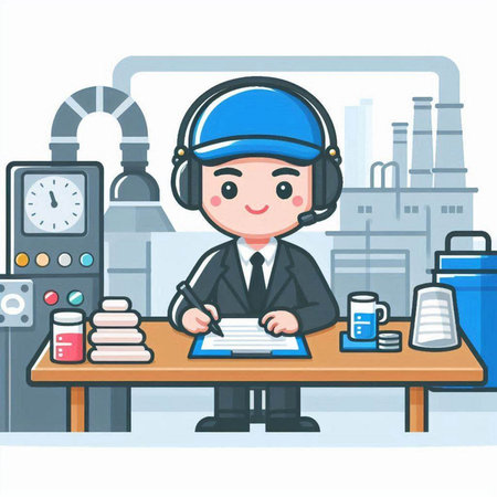 Operator working in the factory. Cute cartoon character illustration.のイラスト素材